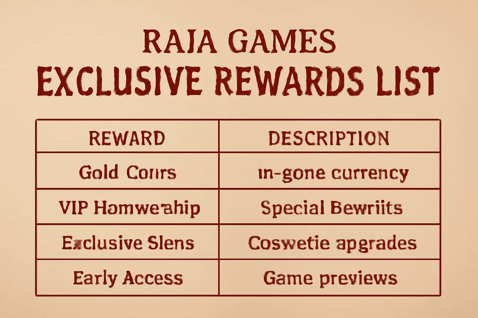 An informative visual depicting the Raja Games Exclusive Rewards List in a professional context.