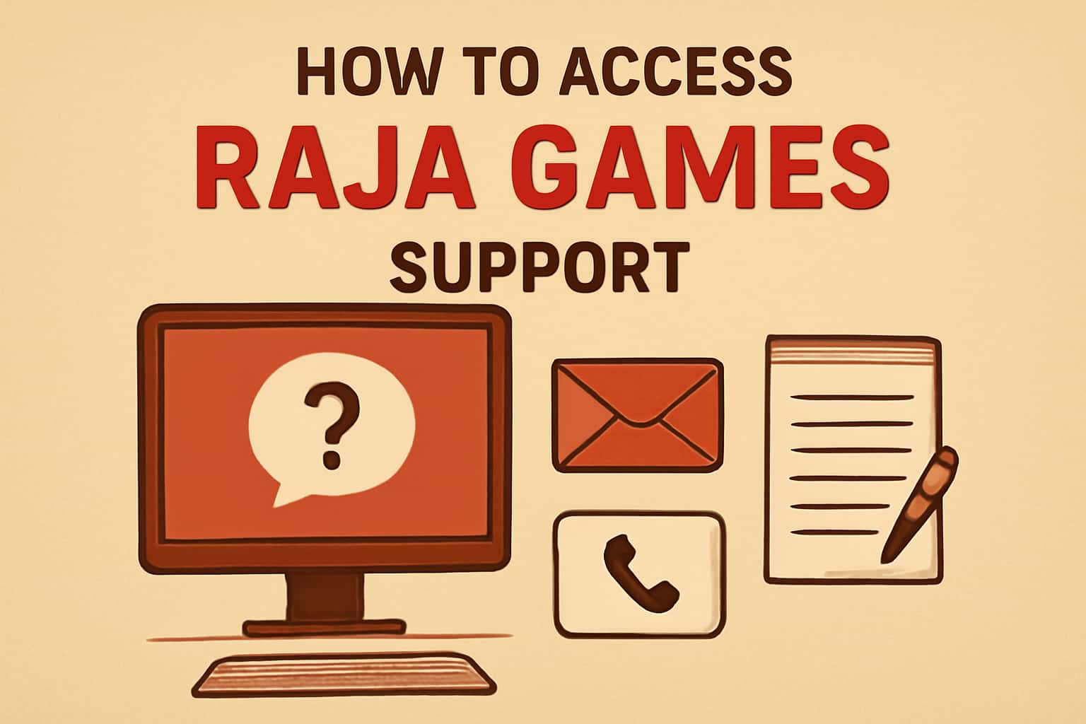 A vibrant scene depicting Raja Games support options with clear text.
